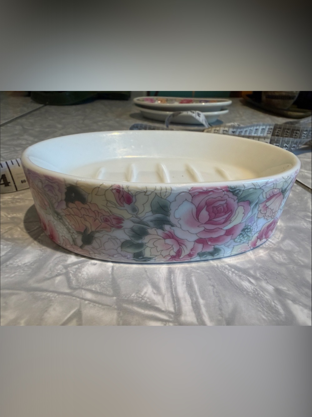 Vintage Saturday Knight Ltd White w/Pink Flowers Porcelain Soap Dish 5"x3.5"